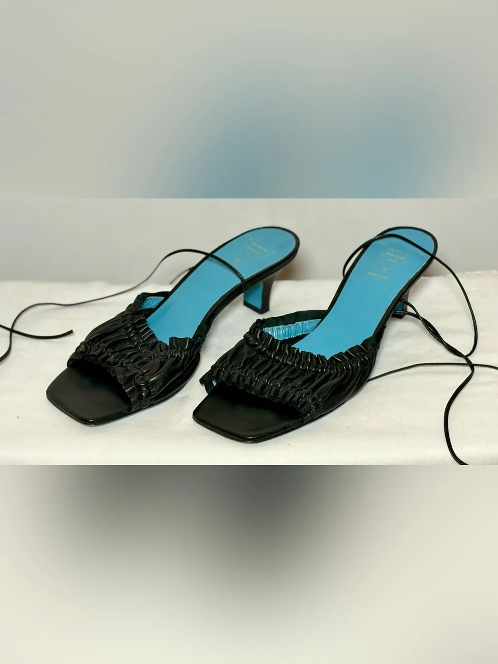 Valentina Rangoni Firenze Black Ruched Leather Lace-Up Kitten Heel Sandals, 8M